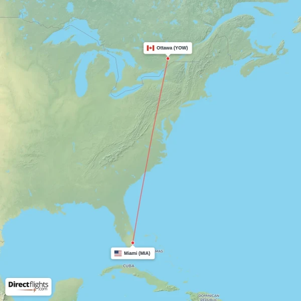 Miami - Ottawa direct flight map