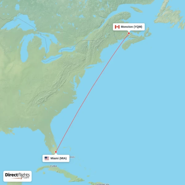 Miami - Moncton direct flight map