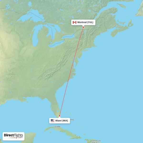 Miami - Montreal direct flight map