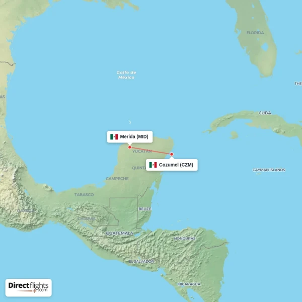 Merida - Cozumel direct flight map
