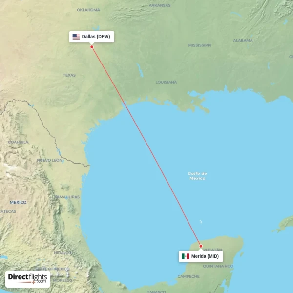 Merida - Dallas direct flight map