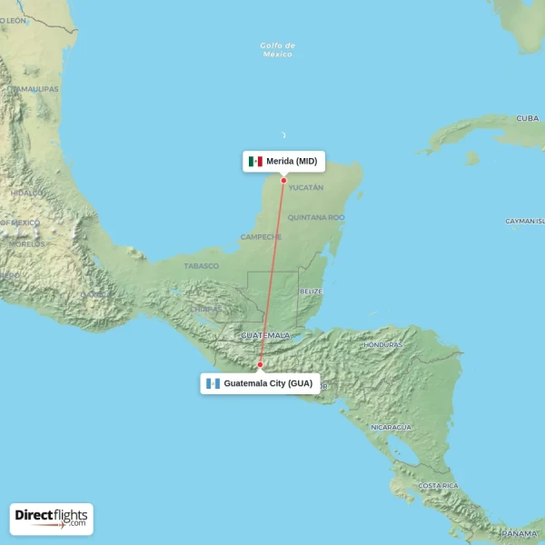 Merida - Guatemala City direct flight map