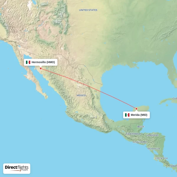 Merida - Hermosillo direct flight map