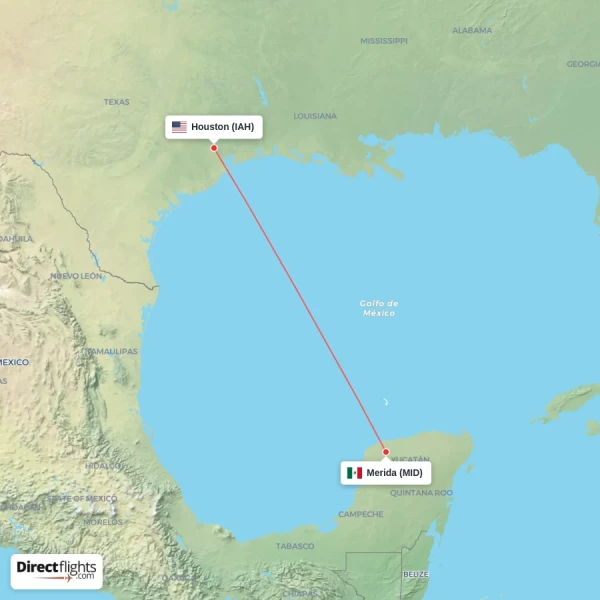 Merida - Houston direct flight map