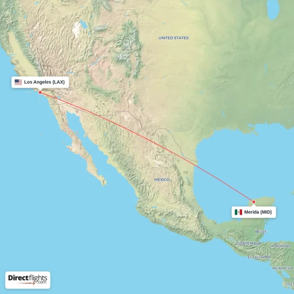 Merida - Los Angeles direct flight map