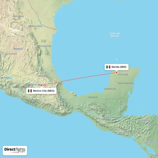 Merida - Mexico City direct flight map