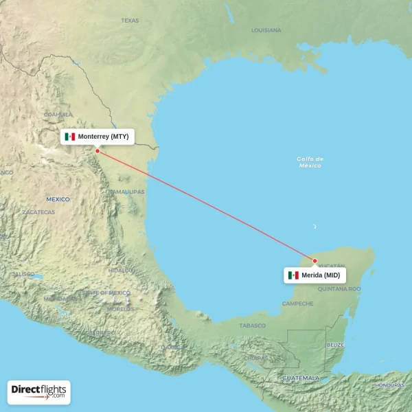 Merida - Monterrey direct flight map