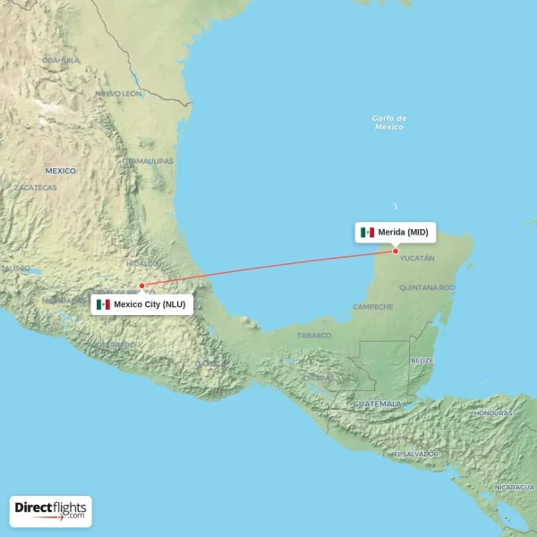 Merida - Mexico City direct flight map