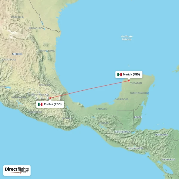 Merida - Puebla direct flight map