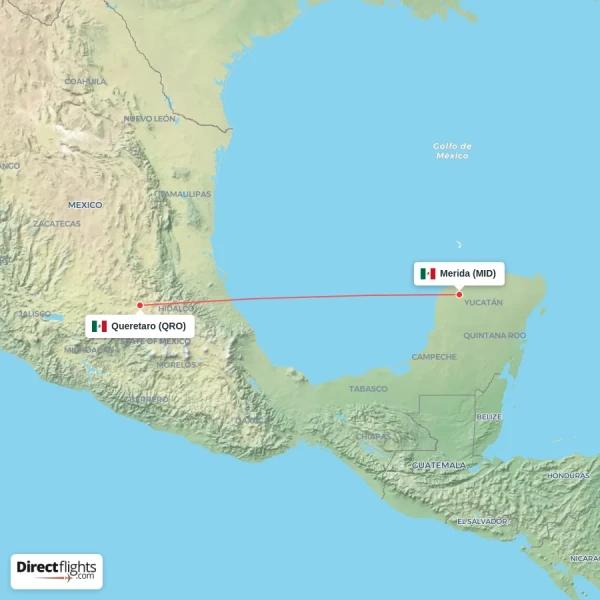 Merida - Queretaro direct flight map