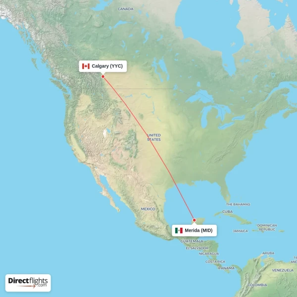 Merida - Calgary direct flight map