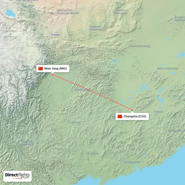 Mian Yang - Changsha direct flight map