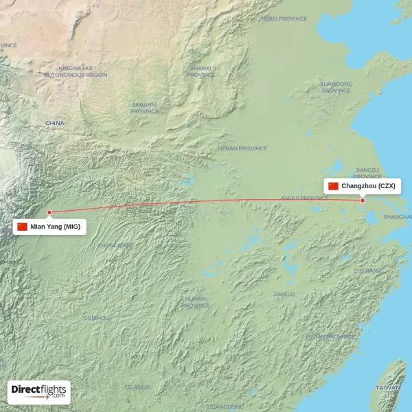 Mian Yang - Changzhou direct flight map