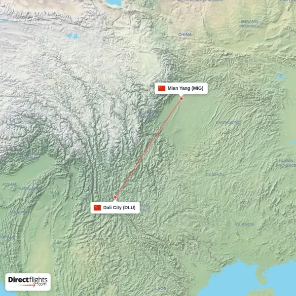 Mian Yang - Dali City direct flight map