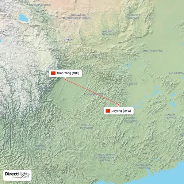 Mian Yang - Dayong direct flight map