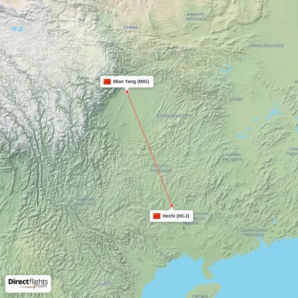 Mian Yang - Hechi direct flight map