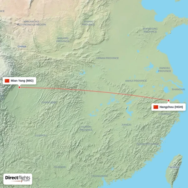 Mian Yang - Hangzhou direct flight map