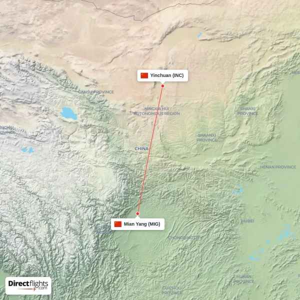 Mian Yang - Yinchuan direct flight map