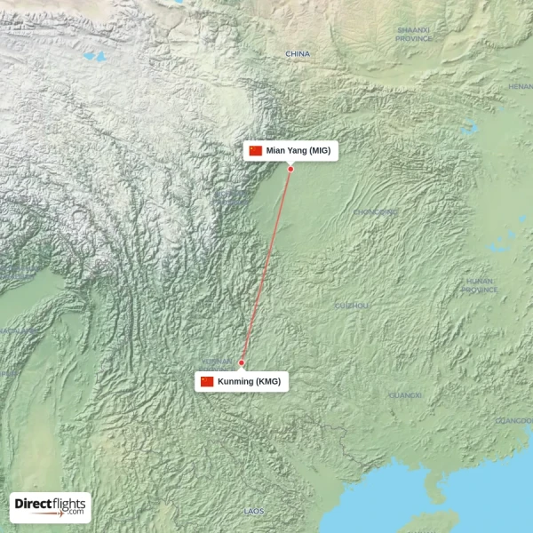 Mian Yang - Kunming direct flight map
