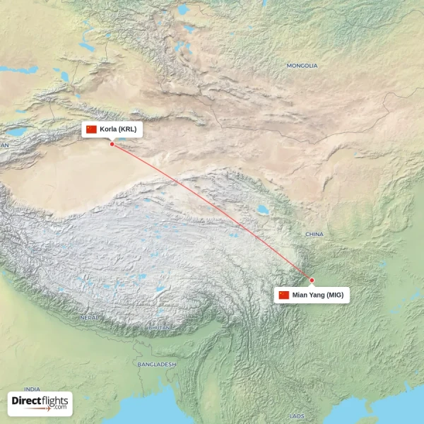 Mian Yang - Korla direct flight map