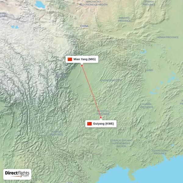 Mian Yang - Guiyang direct flight map