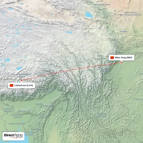 Mian Yang - Lhasa/Lasa direct flight map
