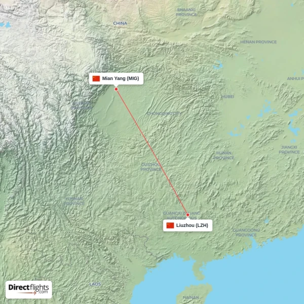 Mian Yang - Liuzhou direct flight map