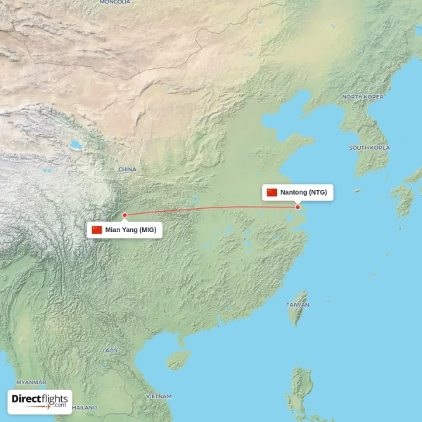 Mian Yang - Nantong direct flight map