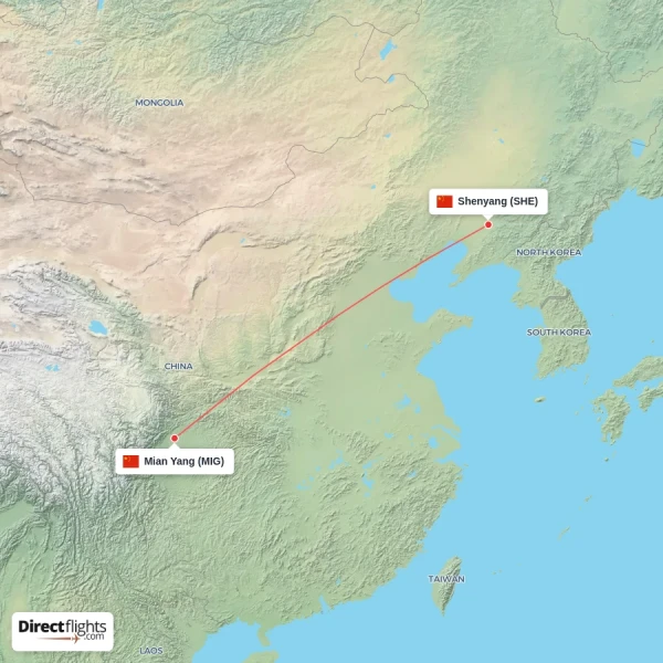 Mian Yang - Shenyang direct flight map