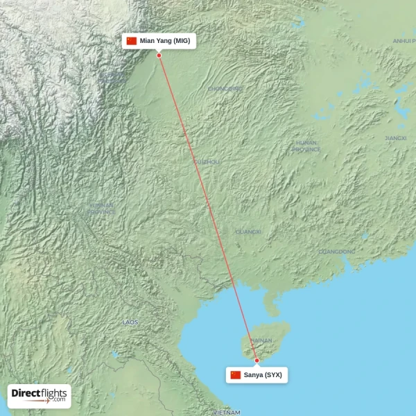 Mian Yang - Sanya direct flight map
