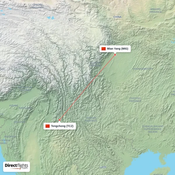 Mian Yang - Tengchong direct flight map