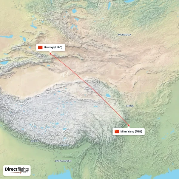 Mian Yang - Urumqi direct flight map