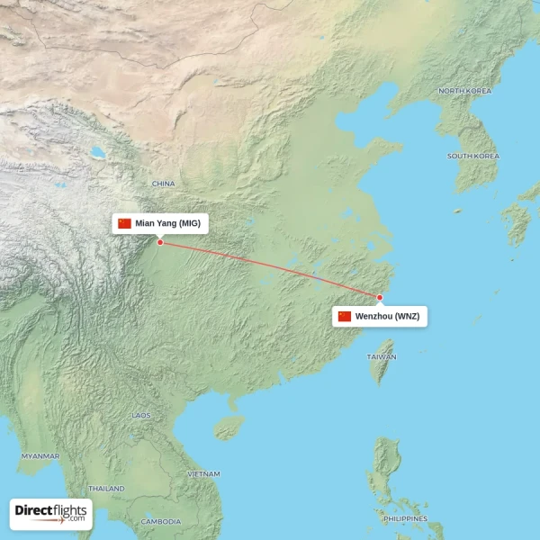Mian Yang - Wenzhou direct flight map