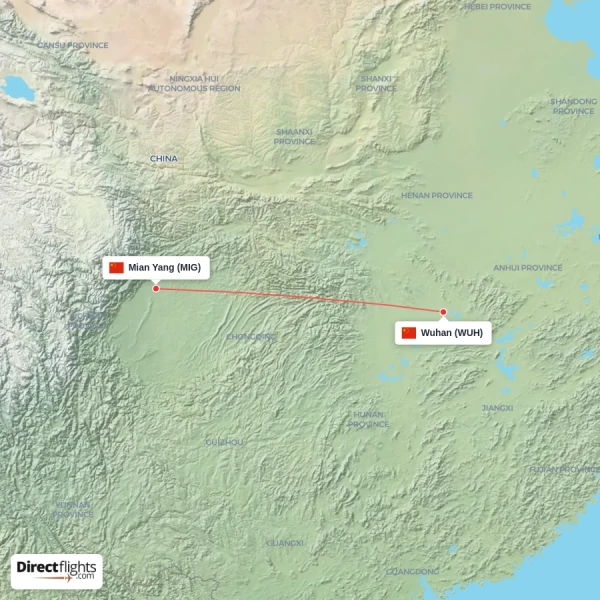 Mian Yang - Wuhan direct flight map