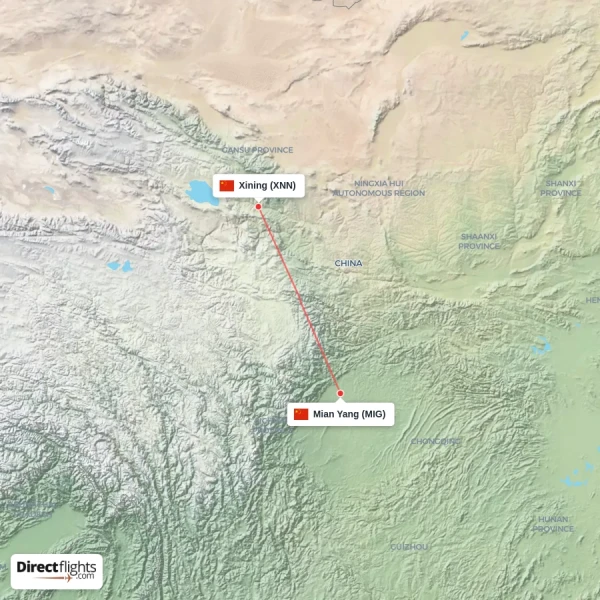 Mian Yang - Xining direct flight map