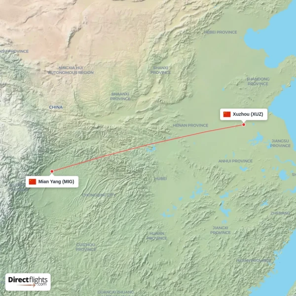 Mian Yang - Xuzhou direct flight map