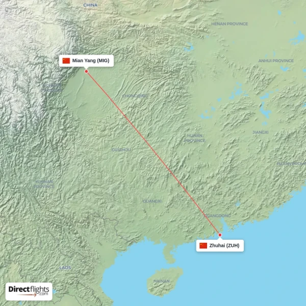 Mian Yang - Zhuhai direct flight map