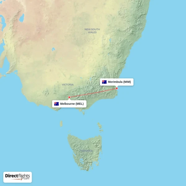 Merimbula - Melbourne direct flight map