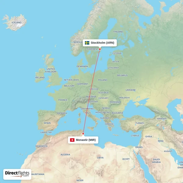 Monastir - Stockholm direct flight map