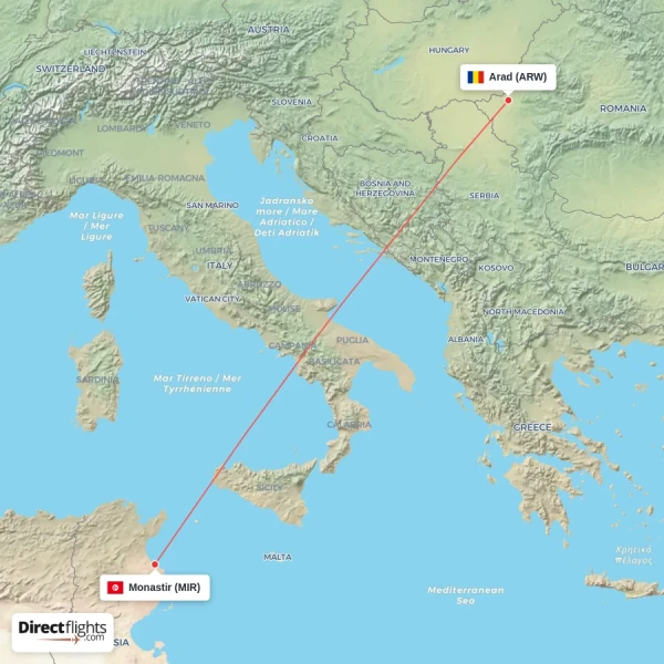 Monastir - Arad direct flight map