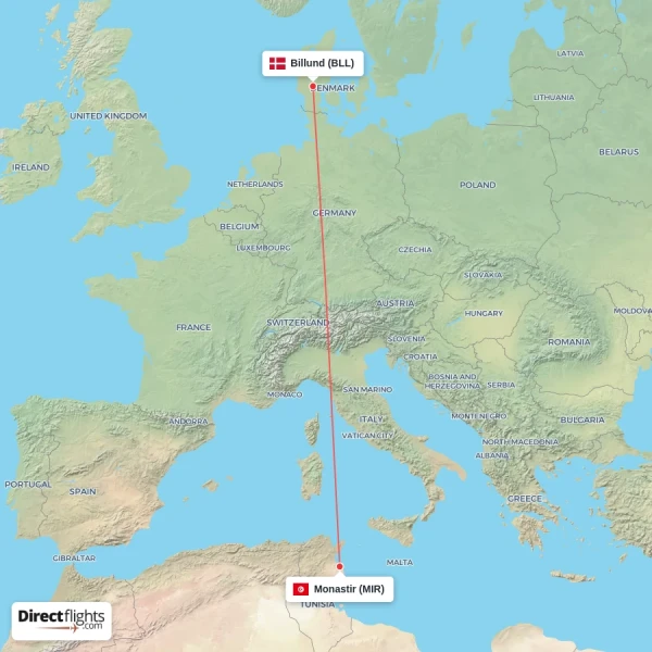 Monastir - Billund direct flight map