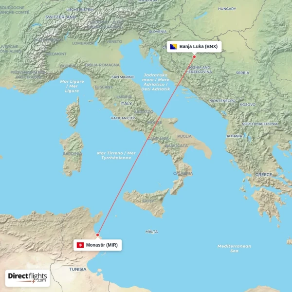 Monastir - Banja Luka direct flight map