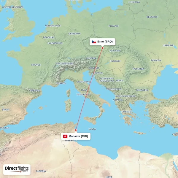 Monastir - Brno direct flight map
