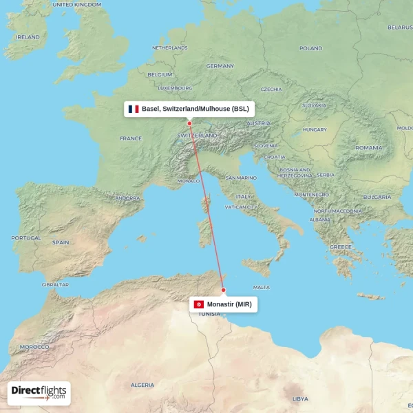 Monastir - Basel, Switzerland/Mulhouse direct flight map