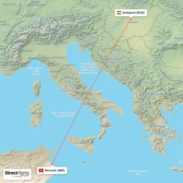 Monastir - Budapest direct flight map