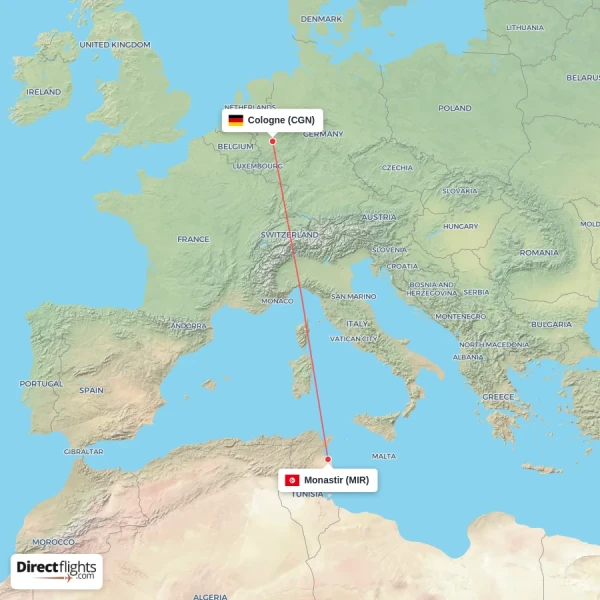 Monastir - Cologne direct flight map