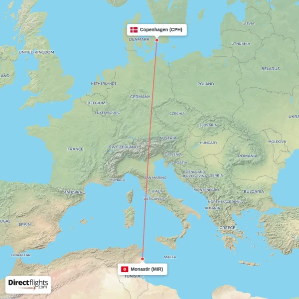 Monastir - Copenhagen direct flight map