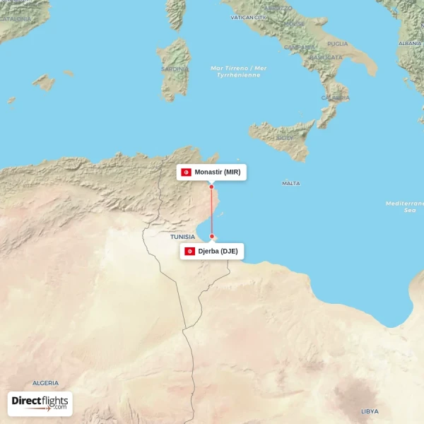 Monastir - Djerba direct flight map