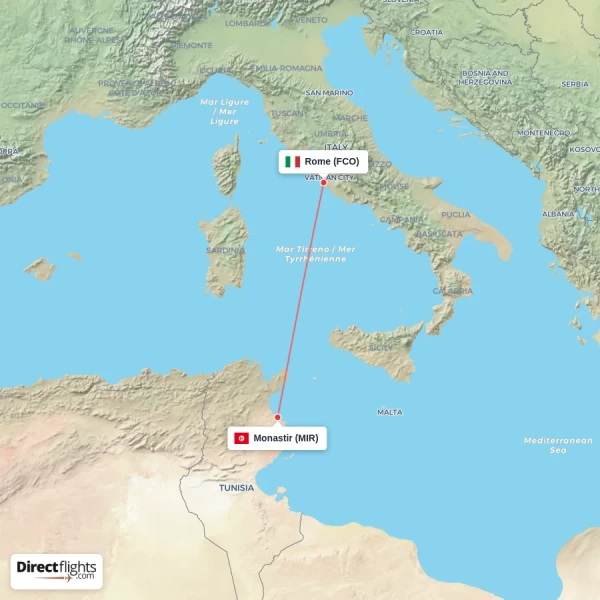 Monastir - Rome direct flight map