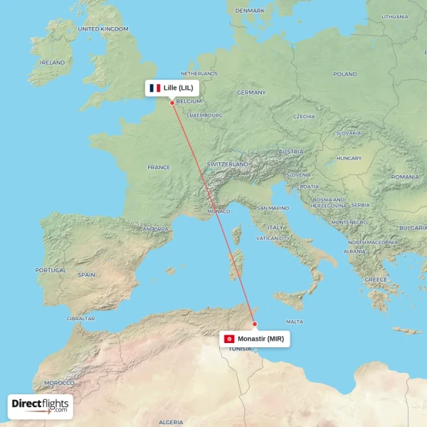 Monastir - Lille direct flight map